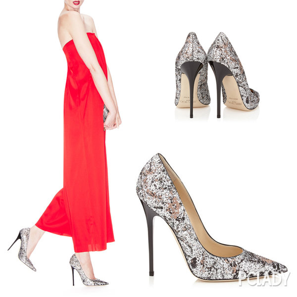 Jimmy Choo绸缎布女鞋尖头红色高跟鞋真皮水